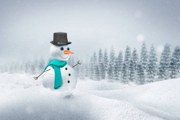 istock Snowman with a black hat on the snowfield 1356495309