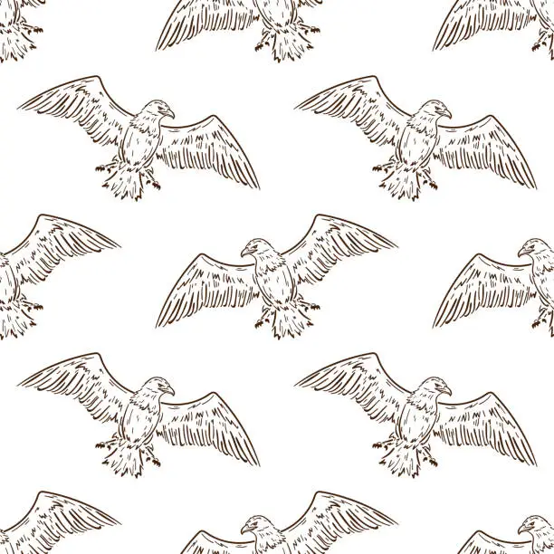 Vector illustration of American Bald Eagle Soaring in Sky Seamless Pattern. Vector Black and White Background with Birds of Prey.