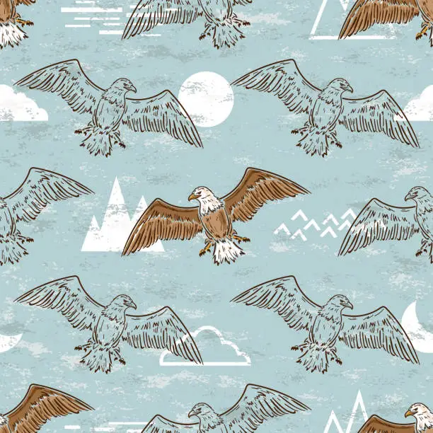 Vector illustration of American Bald Eagle Soaring in Sky Seamless Pattern. Vector Blue Background with Birds of Prey.