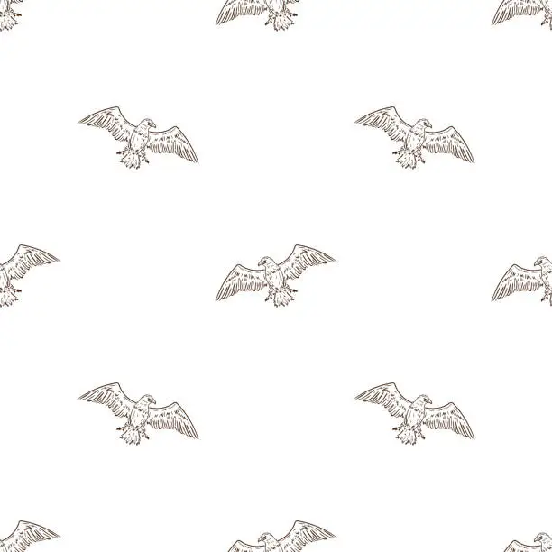 Vector illustration of American Bald Eagle Soaring in Sky Seamless Pattern. Vector Black and White Background with Birds of Prey.