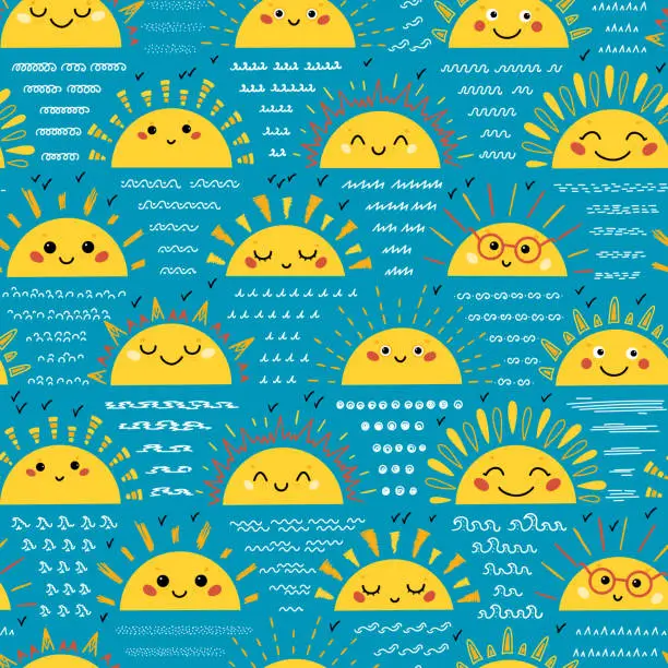 Vector illustration of Cute Sunset or Sunrise Smiling Faces with Sea Waves Seamless Pattern. Vector Childish Background with Doodle Funny Half Sun Icons for Kids Design.