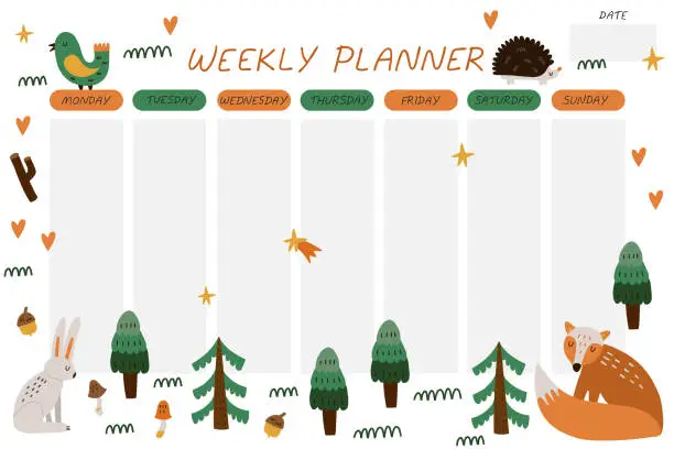 Vector illustration of Weekly planner. Forest animals cartoon notebook sheet template, woodland poster for kids, scandinavian childish stationery design, cute fox, hare and bird, vector comic flat style isolated concept
