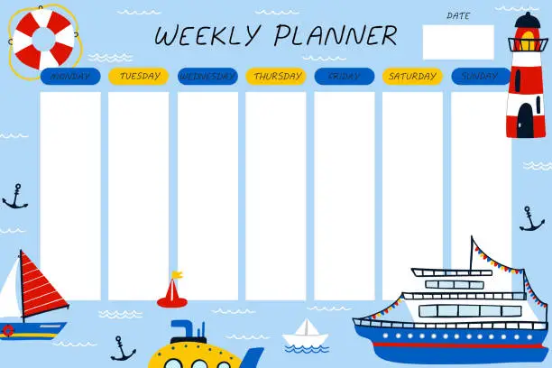 Vector illustration of Weekly planner. Marine cartoon notebook sheet template, ships and boats poster for boys, water transport childish stationery design, sailing yacht, sailboat and submarine, vector flat isolated concept