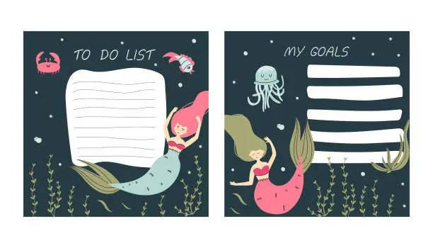 Vector illustration of Planner. Mermaid cartoon notebook sheet, to do list and goals template, marine poster for girls, underwater childish stationery design, cute princess, seaweed and fishes vector isolated concept