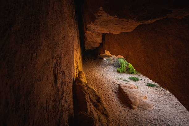 blick auf die whispering cave auf dem echo park campground - dinosaur national monument stock-fotos und bilder