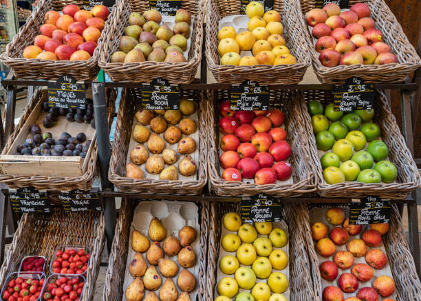 Vendor counter with colorful fruits, apple, High quality photo