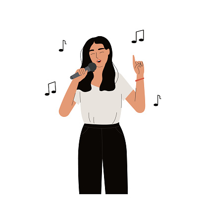 Girl with microphone,young woman singing song.Flat hand-drawn cartoon character.Female is enjoying melody song.Contented happy vocalist,cheerful lady in good mood.