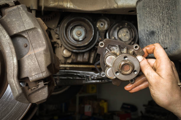 The car mechanic holds in his hand an old removed car engine water pump stock photo