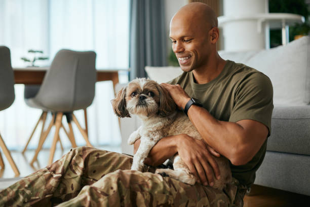 Happy black soldier enjoying with his dog after coming home from deployment. Young African American soldier cuddling his dog while spending time together at home. military lifestyle stock pictures, royalty-free photos & images