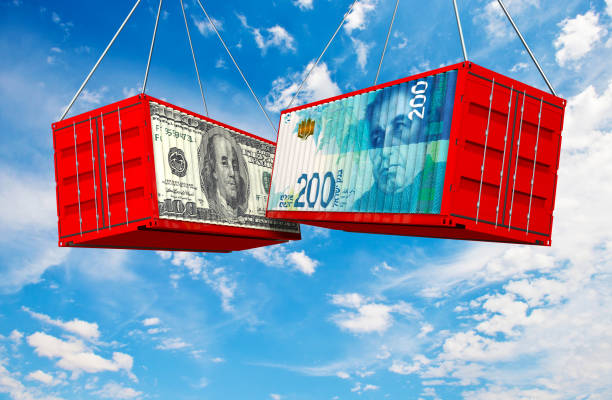 USA and Israel trade war. US Dollar and Israeli Shekel crashed containers on sky at cloudy background USA and Israel trade war. US Dollar and Israeli Shekel crashed containers on sky at cloudy background israeli coin stock pictures, royalty-free photos & images