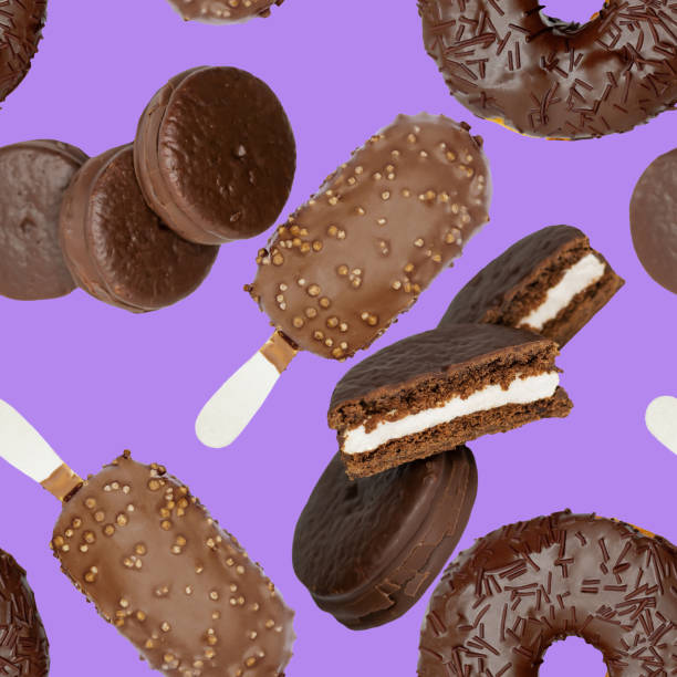 Seamless pattern of donuts, cookies and ice cream on a lilac background.