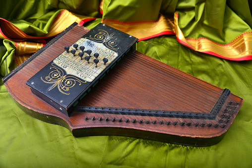 Traditional Indian musical organ instrument Harmonium Orange Color Himachal Pradesh India