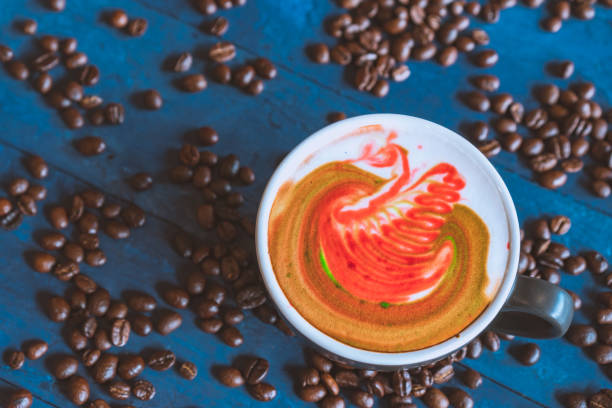 coffee latte art roasted coffee beans flat lay on wood table, relax time, cafe barista art top view.