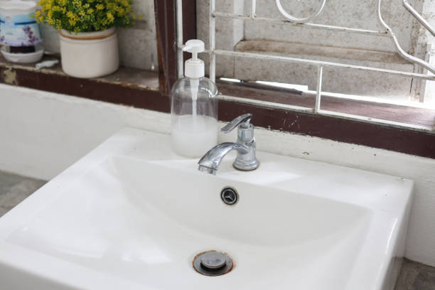 세면대와 수도꼭지가 있는 욕실 심플 한 인테리어 - sink pedestal retro revival faucet 뉴스 사진 이미지