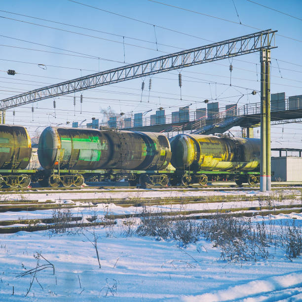 Railway tanks at the station against the blue sky