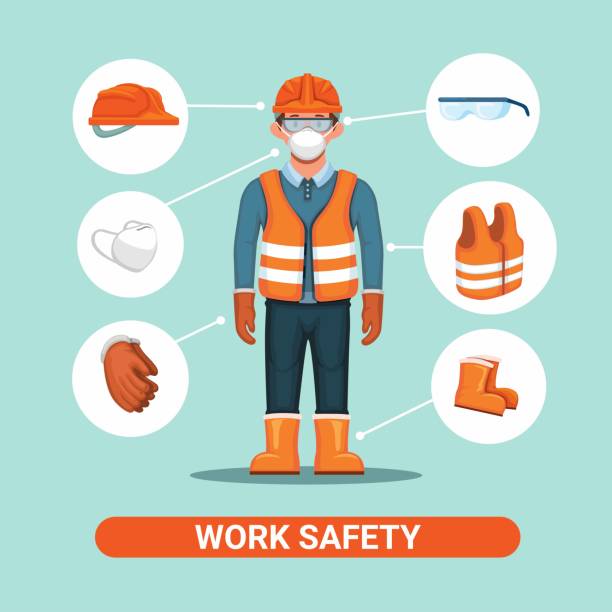 stockillustraties, clipart, cartoons en iconen met work uniform. construction worker safety equipment instruction illustration vector - man met mondkapje