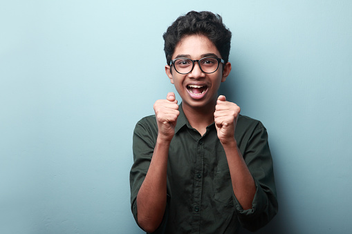 Portrait of a young boy of Indian ethnicity with a cheering face