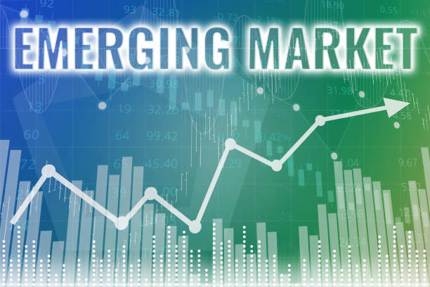 finanzbegriff emerging market auf blauem und grünem finanzhintergrund aus grafiken, charts. 3d-rendering - entwicklung grafiken stock-fotos und bilder