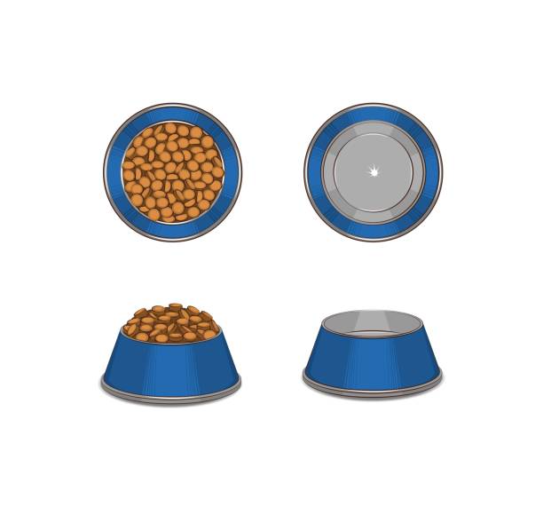 A set of dishes for pets. A set of dishes for pets. There are food cups and empty dishes. Multi-colored image. Close-up. Vector illustration. cat food stock illustrations