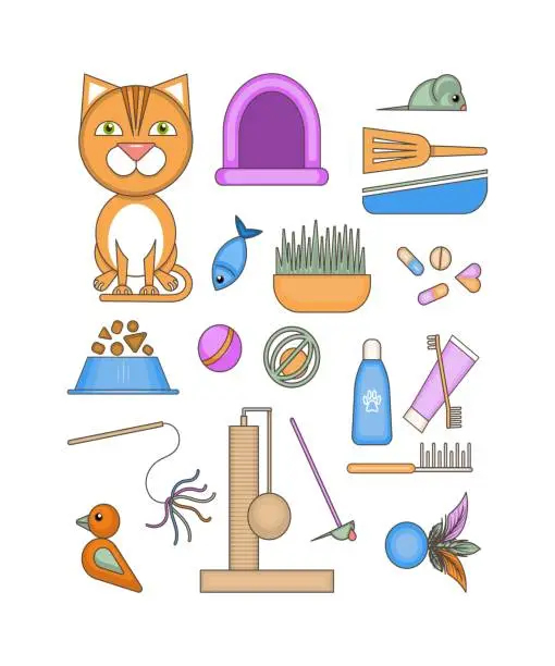 Vector illustration of Goods for cats. A set of objects for design.