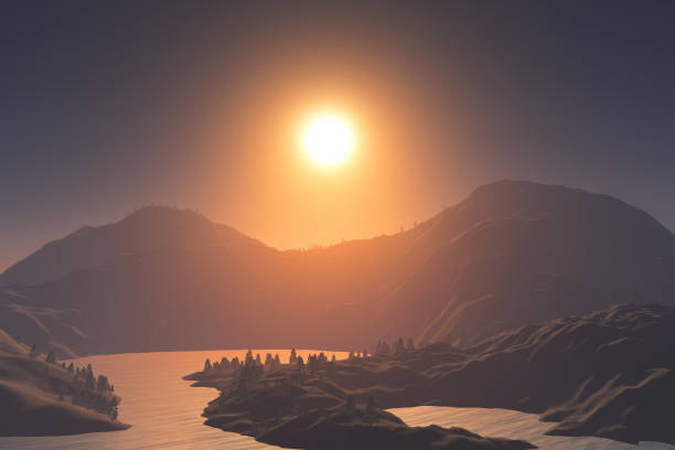 istock 3D sunset landscape with mountains and strees and lake 1356523256