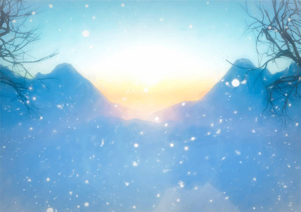 ilustraciones, imágenes clip art, dibujos animados e iconos de stock de paisaje de montaña del solsticio de invierno pintado a mano - solsticio-de-invierno