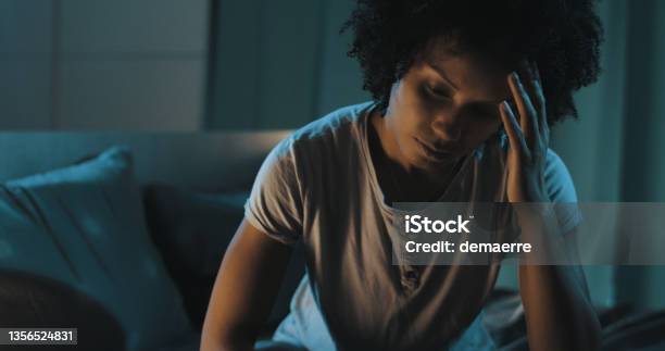 Depressed Woman Suffering From Insomnia Stock Photo - Download Image Now - Insomnia, Night, Adult