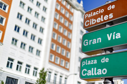 Madrid Spain. August 2, 2021. directional signs of several interesting places in Madrid, Spain