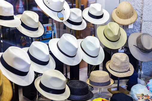 Madrid Spain. August 2, 2021. Shop window of Plaza mayor in Madrid with straw hats