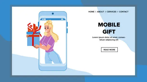 Vector illustration of Mobile Gift Woman Sending In Messenger Vector