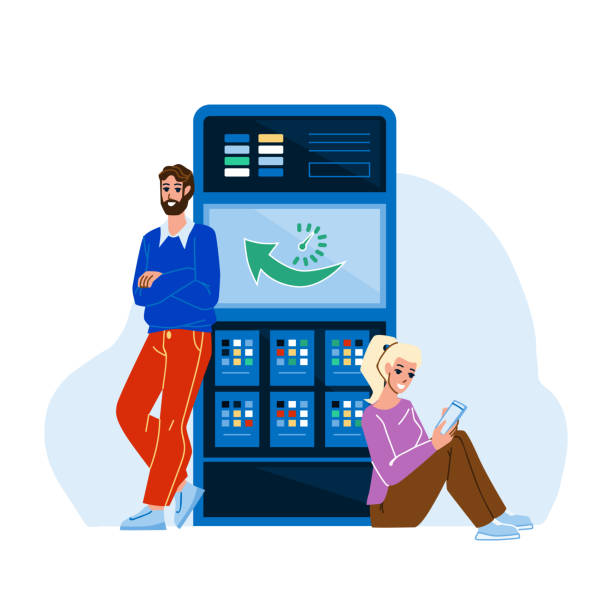 illustrazioni stock, clip art, cartoni animati e icone di tendenza di server uptime checking sviluppatori it worker vector - uptime