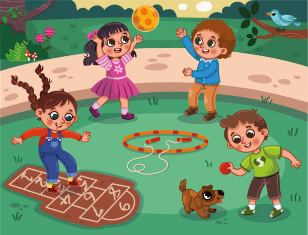 ilustraciones, imágenes clip art, dibujos animados e iconos de stock de zona de juegos y niños - traditional games