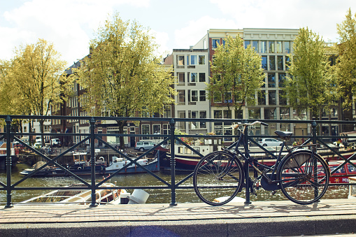 Random bikes in Amsterdam city, Netherlands.