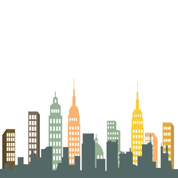 현대 건물, 고층 빌딩, 비즈니스 도시 블록의 타워의 파노라마 보기. 여름날에는 금융 중심지 또는 시내의 수평도시 경관. 컬러 플랫 만화 벡터 일러스트레이션 - empire state building stock illustrations