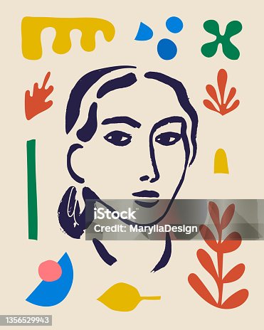 istock Vector woman art poster. Matisse inspired hand drawn contemporary portrait for print wall art decor, retro style. Abstract collage shapes. 1356529943