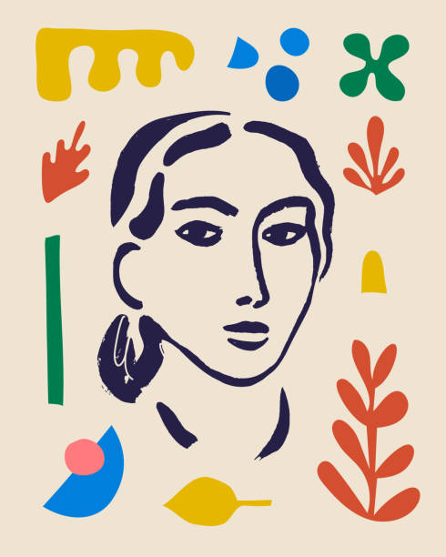vector woman art poster. matisse inspired hand drawn contemporary portrait for print wall art decor, retro style. abstract collage shapes. - 稀少的 插圖 幅插畫檔、美工圖案、卡通及圖標