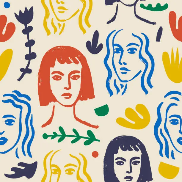 Vector illustration of Vector woman art seamless pattern, background. Fauvist style inspired hand drawn contemporary portraits, flowers and abstract shapes for print wall art decor, retro style.