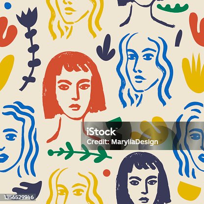 istock Vector woman art seamless pattern, background. Matisse inspired hand drawn contemporary portraits, flowers and abstract shapes for print wall art decor, retro style. 1356529946