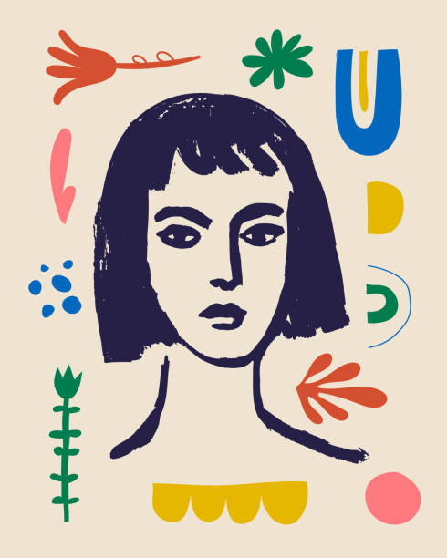 ベクター女性アートポスター。マティスは、プリントウォールアートの装飾、レトロなスタイルのための現代的な肖像画を描いた手に触発されました。抽象的なコラージュの形。 - vector women flower beautiful点のイラスト素材／クリップアート素材／マンガ素材／アイコン素材