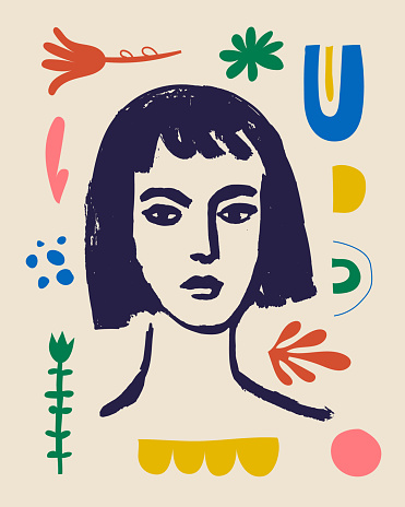 Vector woman art poster. Matisse inspired hand drawn contemporary portrait for print wall art decor, retro style. Abstract collage shapes.