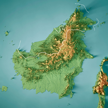 3D Render of a Topographic Map of Borneo Island. Version with Country Boundaries.\nAll source data is in the public domain.\nColor texture: Made with Natural Earth. \nhttp://www.naturalearthdata.com/downloads/10m-raster-data/10m-cross-blend-hypso/\nRelief texture: SRTM data courtesy of NASA JPL (2020). URL of source image: \nhttps://e4ftl01.cr.usgs.gov//DP133/SRTM/SRTMGL3.003/2000.02.11\nWater texture: SRTM Water Body SWDB:\nhttps://dds.cr.usgs.gov/srtm/version2_1/SWBD/\nBoundaries Level 0: Humanitarian Information Unit HIU, U.S. Department of State (database: LSIB)\nhttp://geonode.state.gov/layers/geonode%3ALSIB7a_Gen