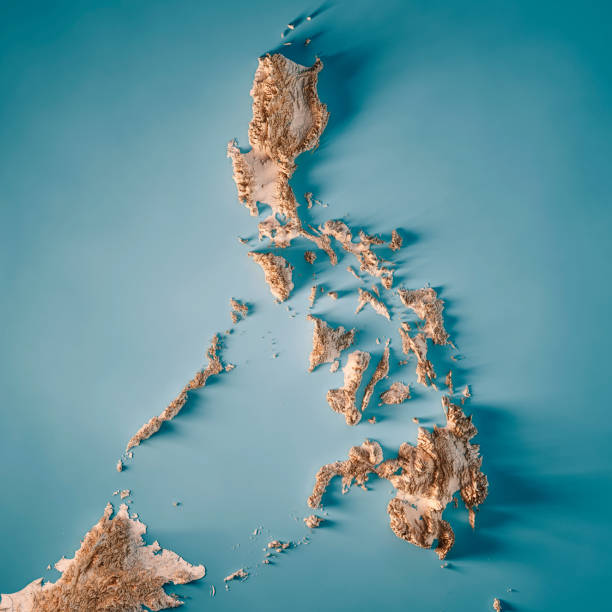 필리핀 3d 렌더링 지형지도 중립 - celebes sea 뉴스 사진 이미지