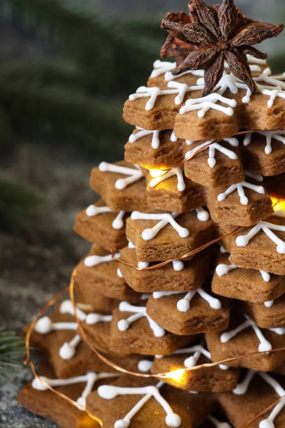 Close-up image of Christmas tree formed from stacked gingerbread snowflake biscuits topped with star anise, decorated with white royal icing and illuminated fairy lights, spruce needle background on grey surface, focus on foreground