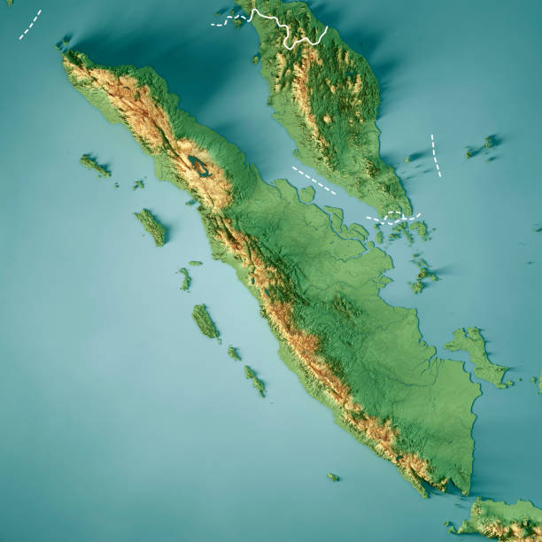 Sumatra 3D Render Topographic Map Color Border 3D Render of a Topographic Map of Sumatra Island. Version with Country Boundaries.
All source data is in the public domain.
Color texture: Made with Natural Earth. 
http://www.naturalearthdata.com/downloads/10m-raster-data/10m-cross-blend-hypso/
Relief texture: SRTM data courtesy of NASA JPL (2020). URL of source image: 
https://e4ftl01.cr.usgs.gov//DP133/SRTM/SRTMGL3.003/2000.02.11
Water texture: SRTM Water Body SWDB:
https://dds.cr.usgs.gov/srtm/version2_1/SWBD/
Boundaries Level 0: Humanitarian Information Unit HIU, U.S. Department of State (database: LSIB)
http://geonode.state.gov/layers/geonode%3ALSIB7a_Gen danau toba lake stock pictures, royalty-free photos & images