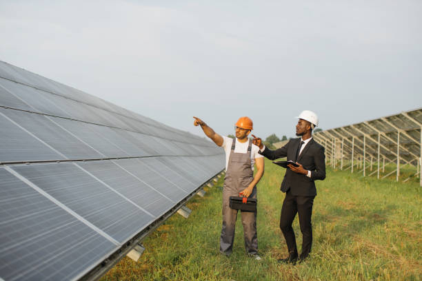 istock Businessman and technician examining solar panels on station 1356531180