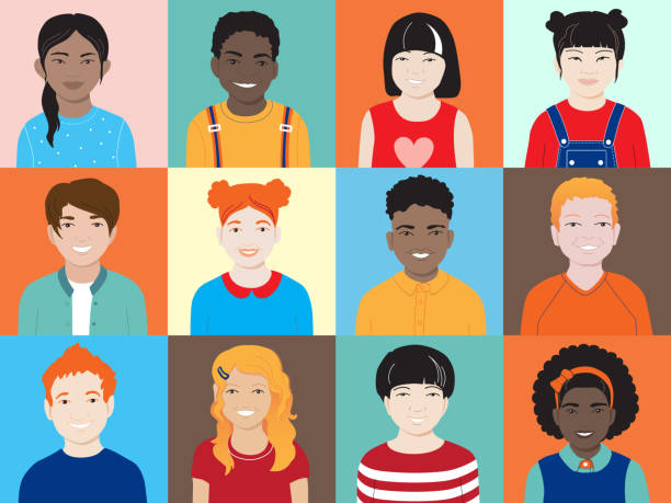 Diverse smiling kids 3at4 seamless square pattern Seamless vector pattern with diverse children characters. Set of square kids avatars. International preschoolers group, multi ethnic classmates. African American, Asian,  Chinese, redhead boys, girls. black hair illustrations stock illustrations