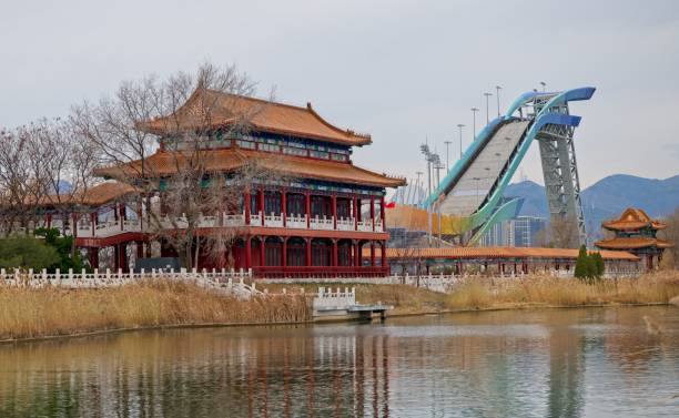 Beijing, China, November 29, 2021 Big Air Shougang, the venue for freestyle and snowboard big air events at the Beijing Winter Olympic Games and will be kept as a permanent facility after the Games. Venue is constructed on top of a former steel mill, which was shut down more than 10 years ago. Located in the old Shougang Industrial Park, it is the only snow event venue in downtown Beijing. olympic city stock pictures, royalty-free photos & images