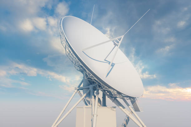 close-up view of satellite dish with blue sky background - electromagnetic pulse imagens e fotografias de stock