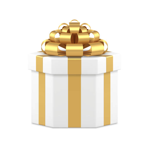 istock White wrapped polygonal gift box with metallic golden bow ribbon 3d vector illustration 1356533382