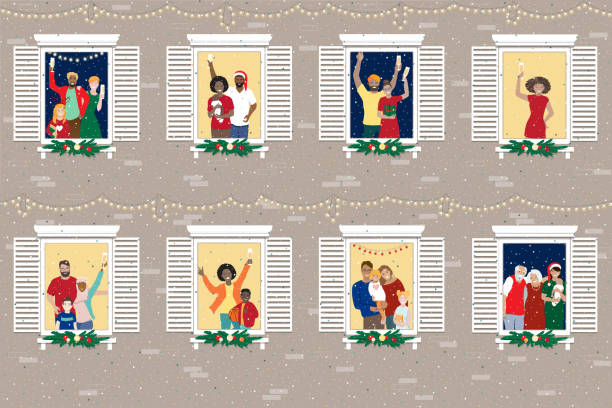 Merry Christmas at home neighbors 2 floor Merry safe home Christmas celebrating during pandemic concept, vector banner. Happy cheerful diverse families, parents, kids, seniors, couples at apartments windows, fir tree branches, Champagne wineglasses diverse family christmas stock illustrations